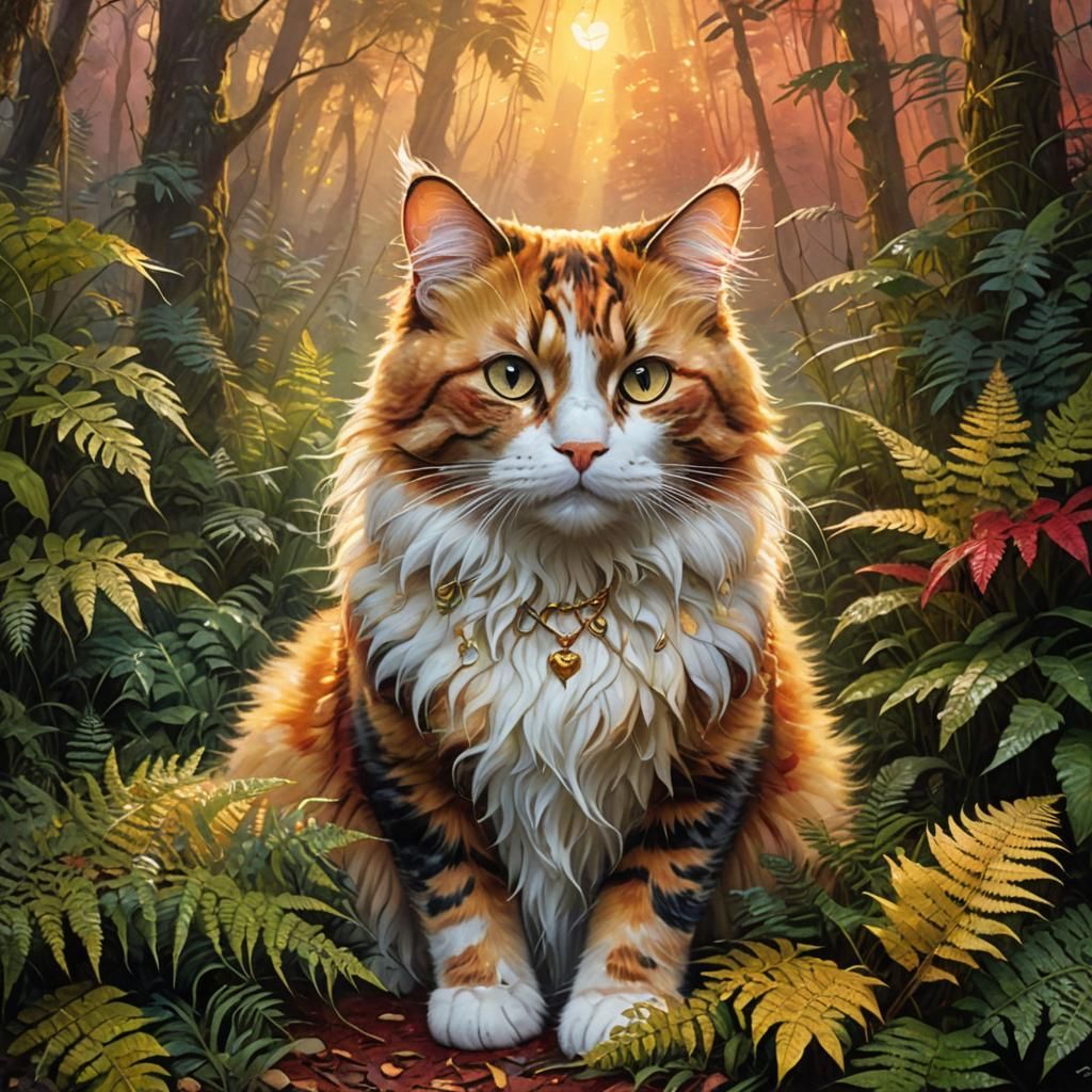 Calico Cat Emerges from Ferns in Fantasy Realism