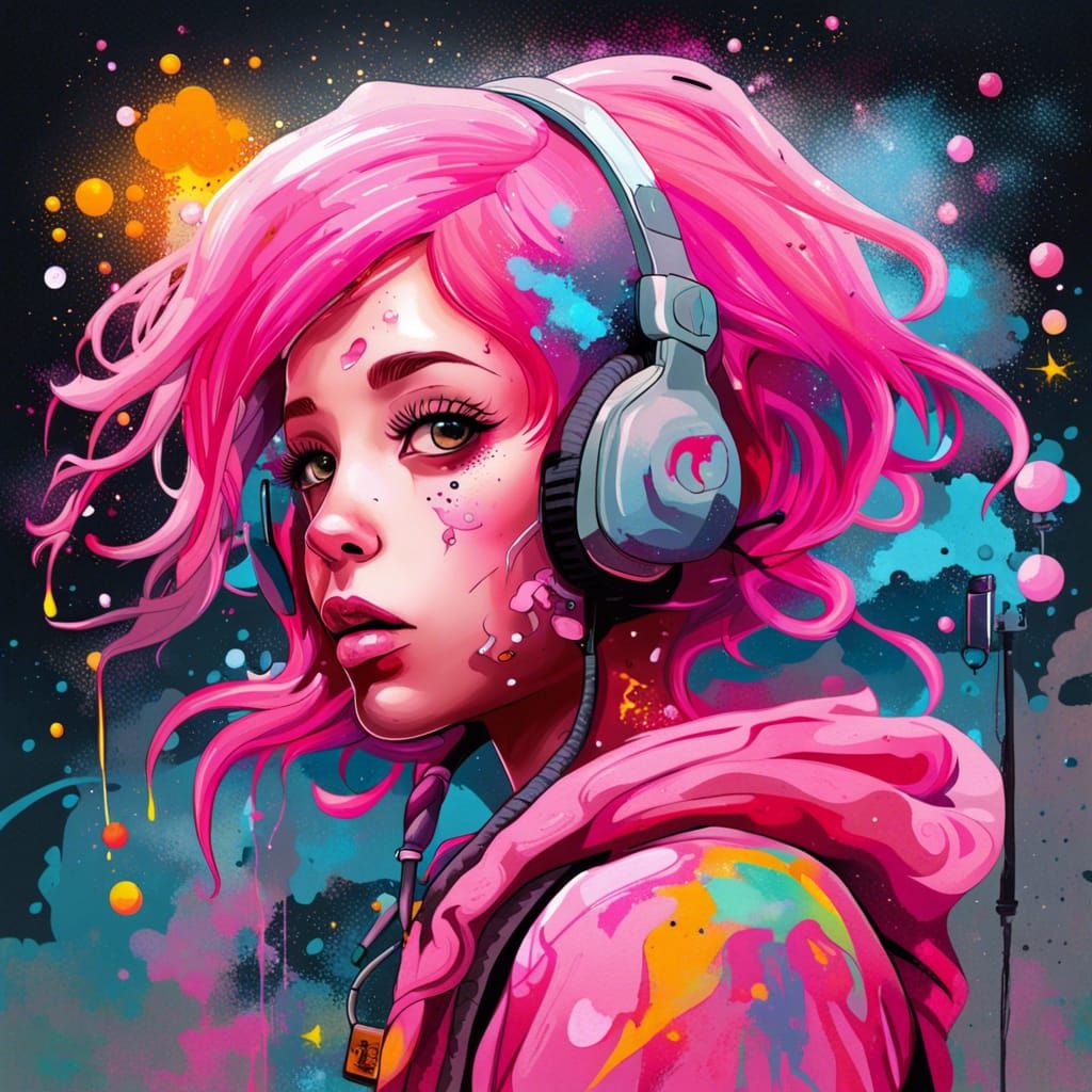 Pink-Haired Girl in Galaxy, Graffiti Street Art