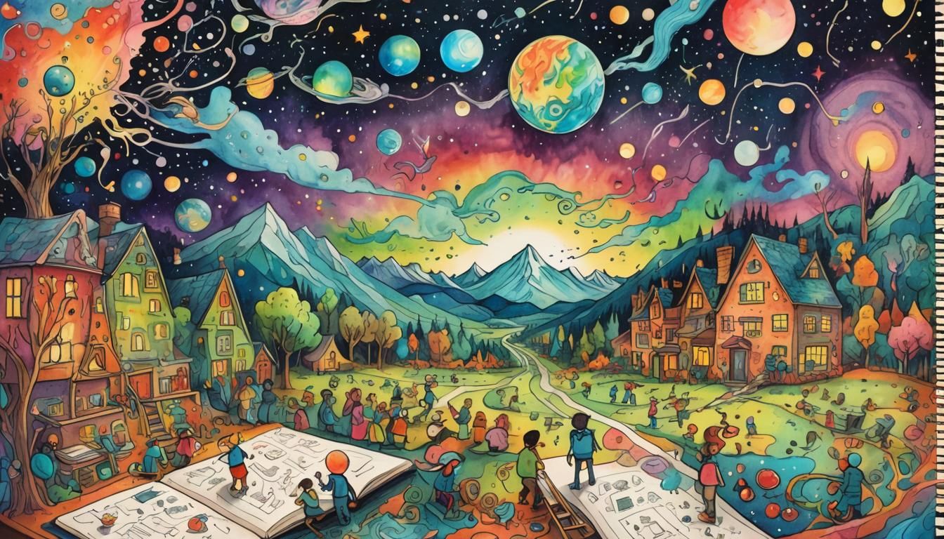 Surreal Classroom Doodle Scene with Aurora Lights