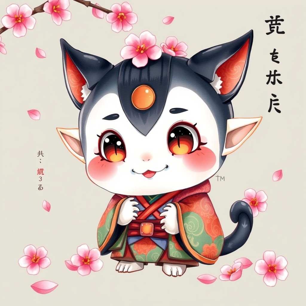 Vibrant Chibi Yokai in Traditional Japanese Attire