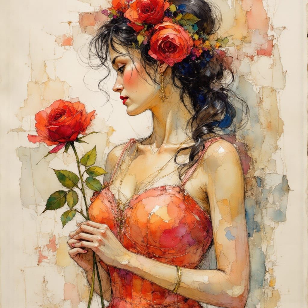 Belle with Rose: Intricate Pen and Ink Masterpiece