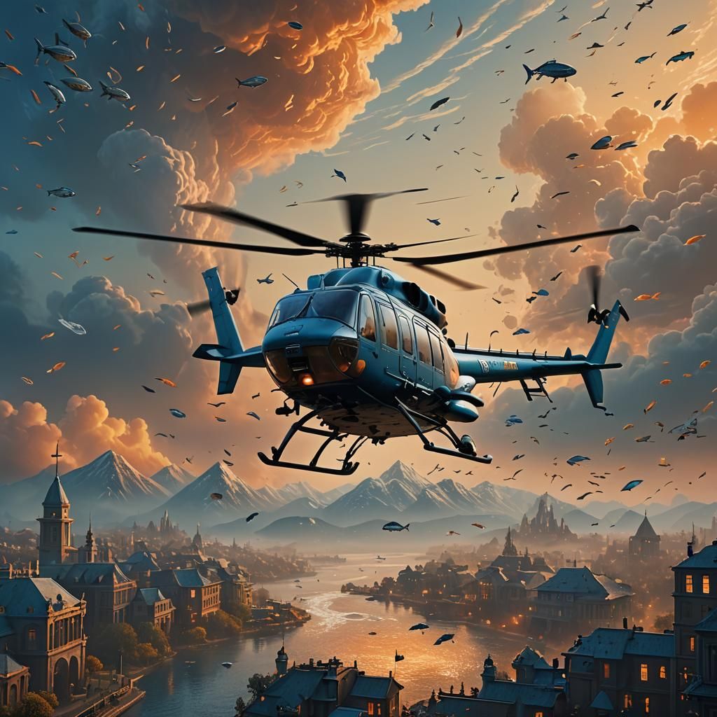 Helicopter with Fish Inside in Fantasy Realism
