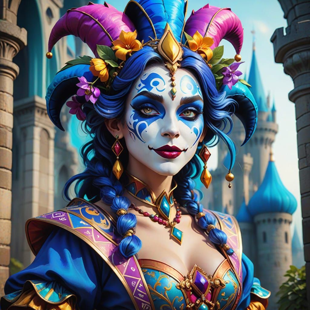 Enchanting Jester Maiden in Vibrant Castle Courtyard