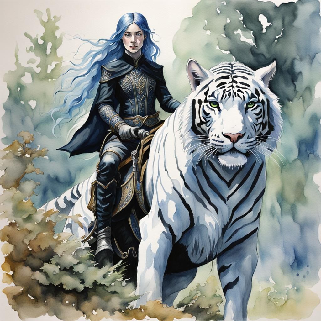 Blue-Haired Elf on White Tiger: Watercolor Impressionism