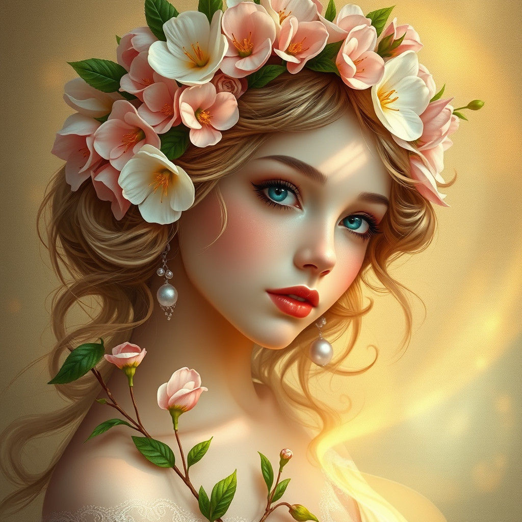 Ethereal Flower Girl Portrait in Art Nouveau Style