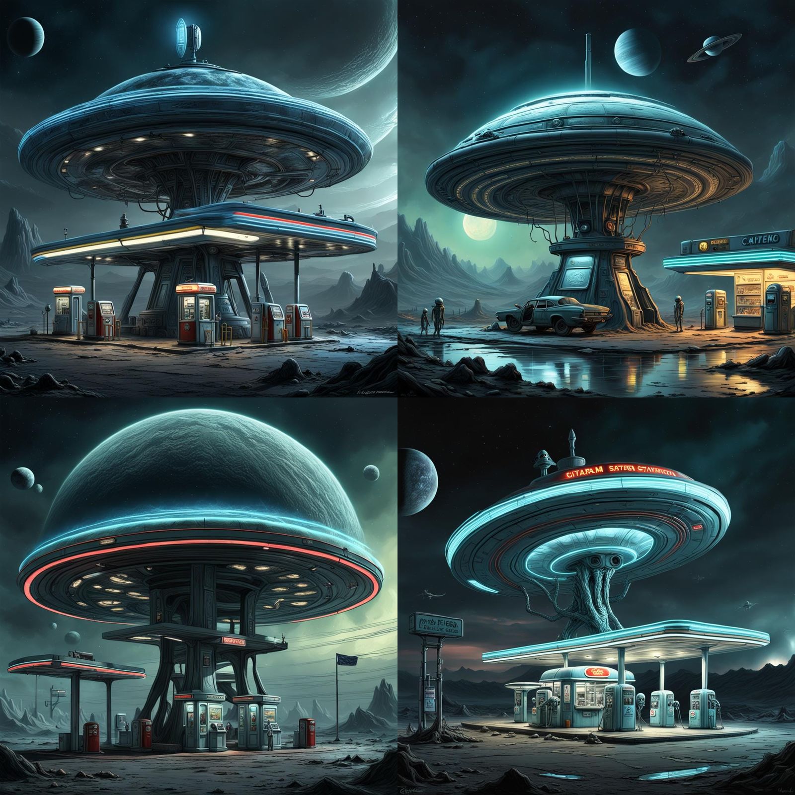 Creepy Alien Gas Station on Saturn: Hyperrealistic Horror