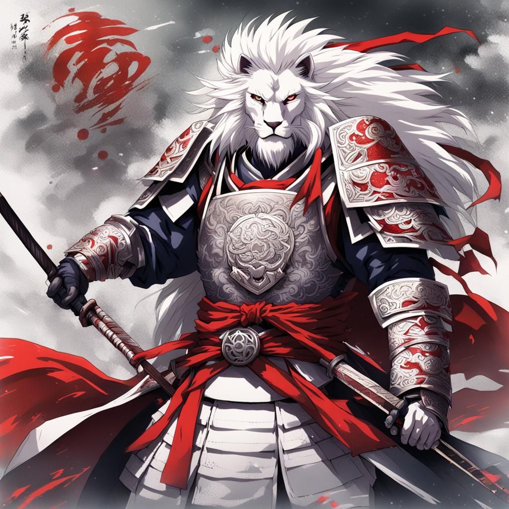 Anime Samurai Lion Warrior in White Armor