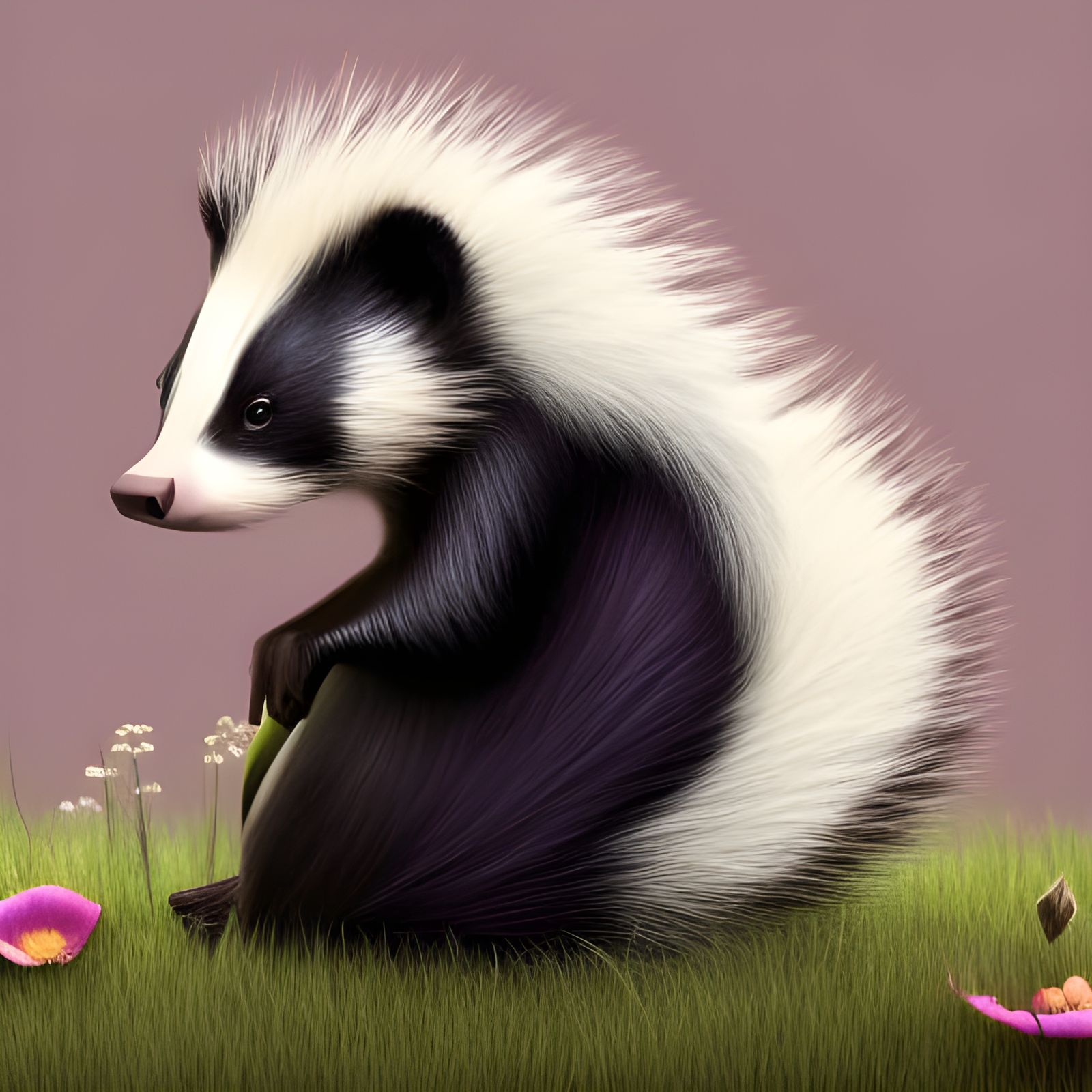 Detailed Skunk with Flower Hair on Grass