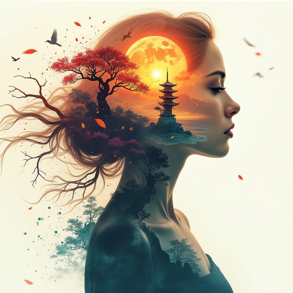 Surreal Sunset Silhouette Unites Woman with Nature