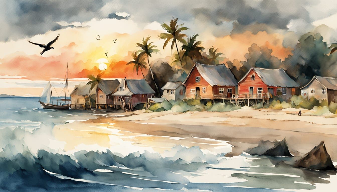 Peaceful Coastal Village in Watercolor Style