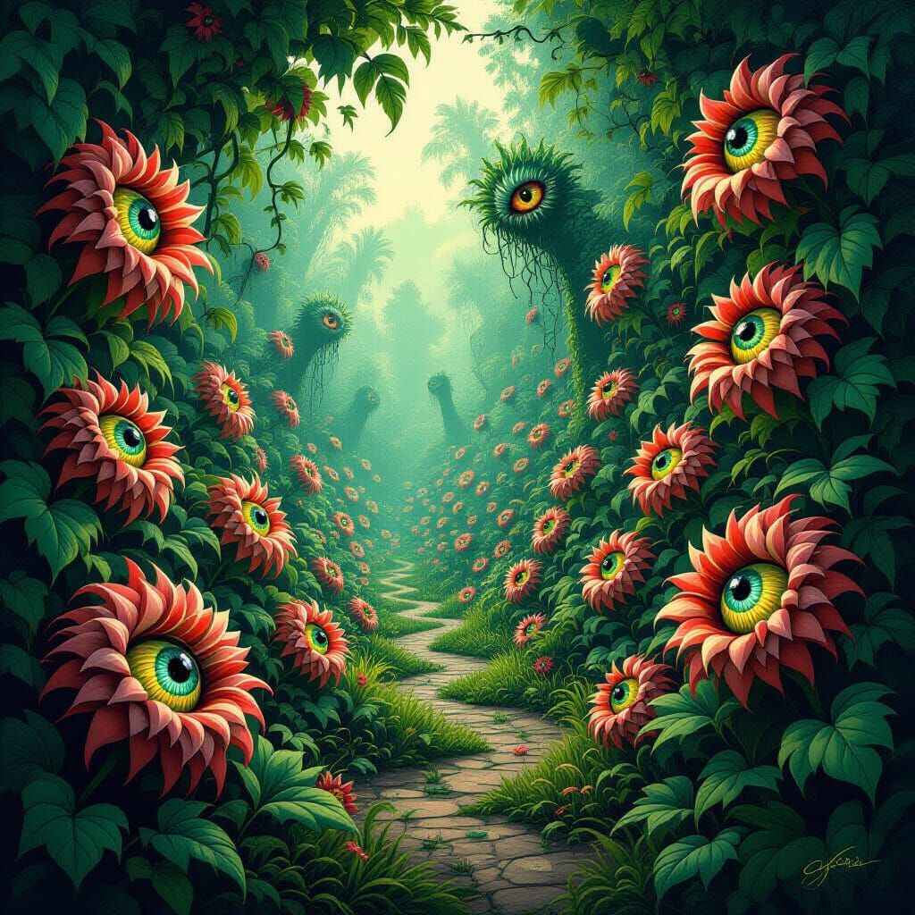 Creepy Surreal Garden with Toothed Flowers, Digital Art