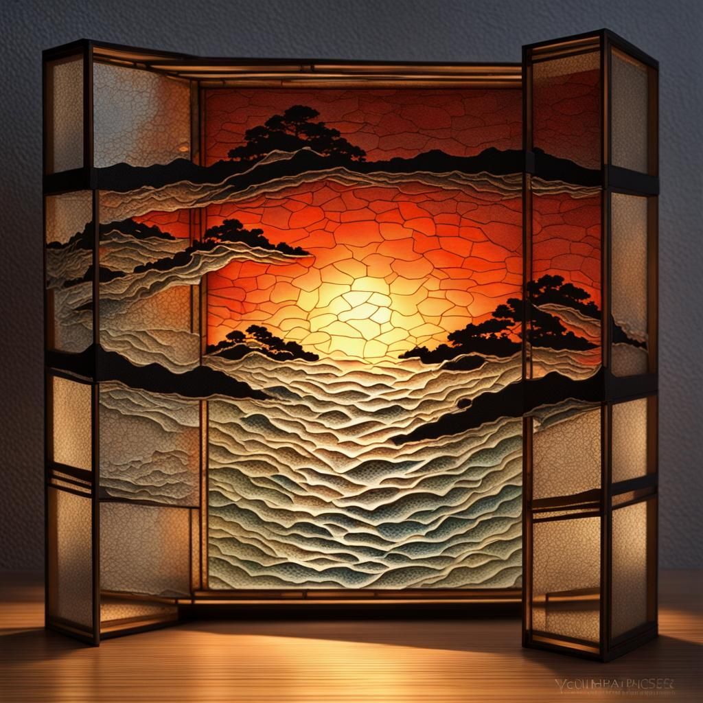 Sundown Crackle Glass Hokusai Style Painting