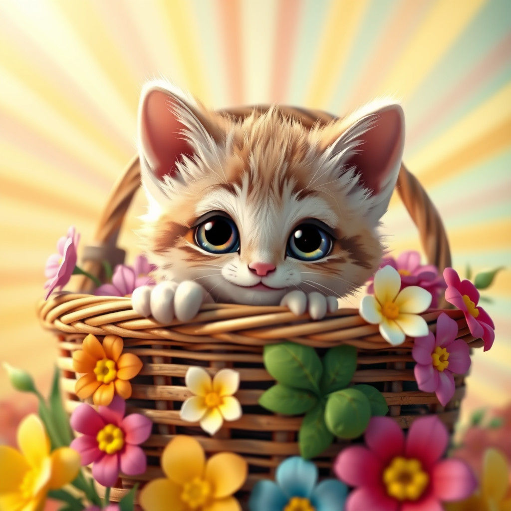 Adorable Kitten in Basket, Pixar-Style 3D Art