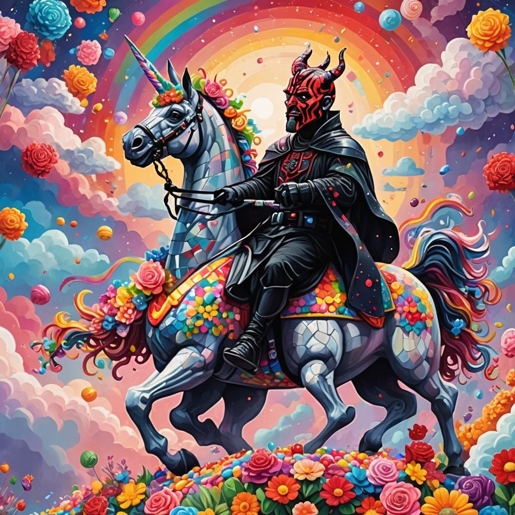 Darth Maul riding a rainbow unicorn