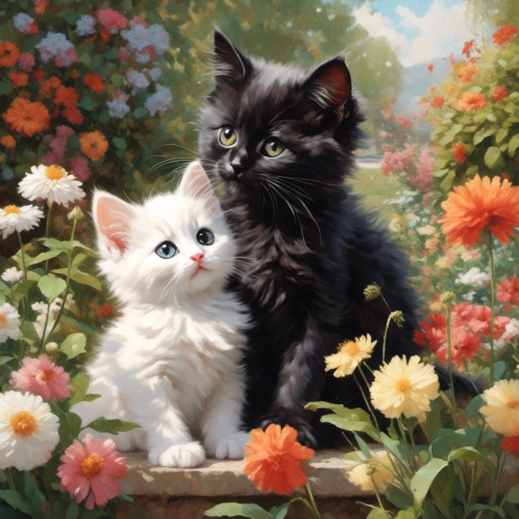 Kittens Playing in a Garden with Rough Strokes