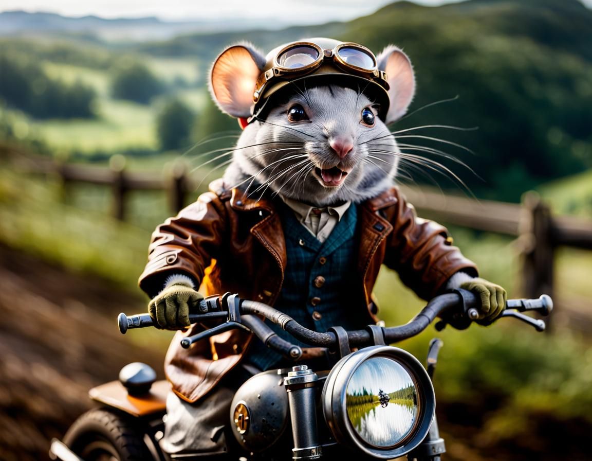 Mouse on Motorcycle in Beatrix Potter Style