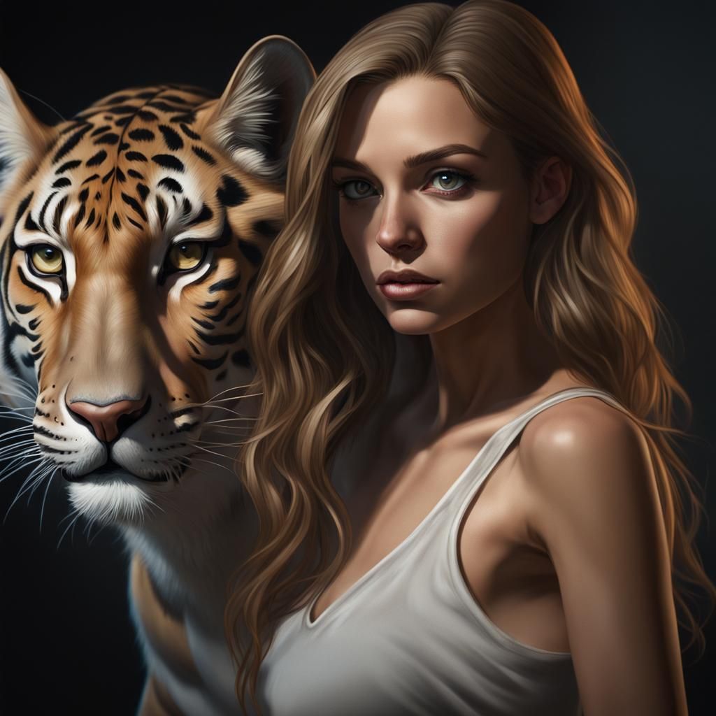 Woman with Tiger Eyes and Leopard Silhouette
