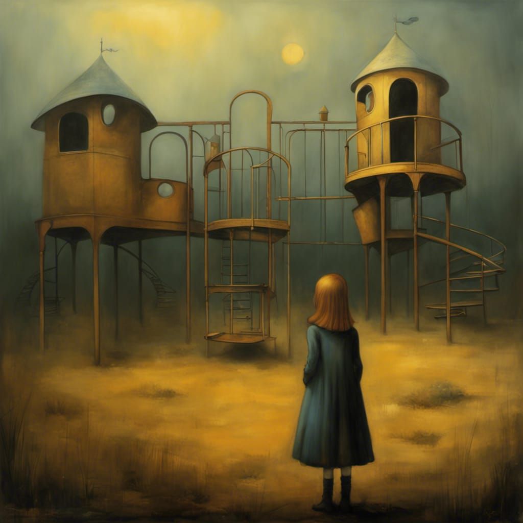 Eerie Girl in Abandoned Playground, Surrealist Style