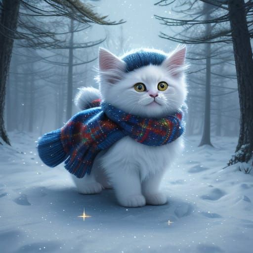 Whimsical Winter Wonderland with Kitten in Dreamlike Vortex