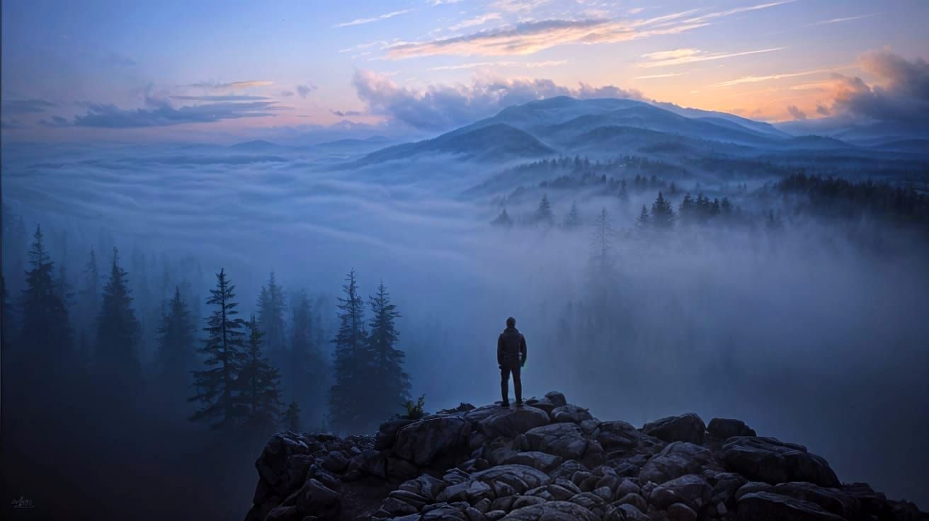 Traveller Overlooks Misty Pine Forest in Oil Painting