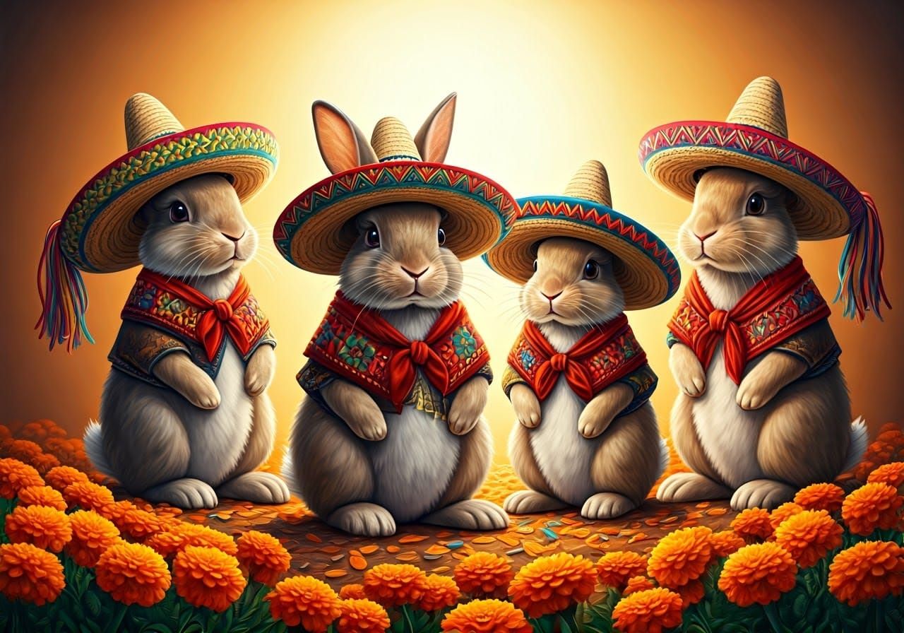 Rabbits Celebrate Fiesta in Folk Art Style