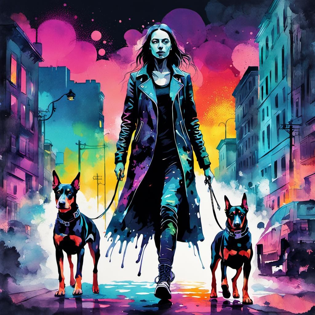 Dreamy Cityscape: Gothic Woman and Doberman in Watercolor