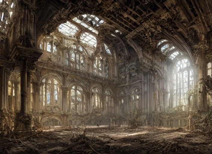Overgrown Dinosaur Cathedral Ruins in Baroque Style