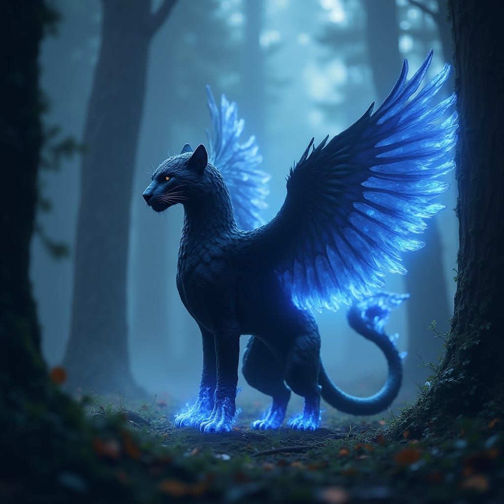 Mystical Phoenix Jaguar in Dark Forest with Blue Fire Wings