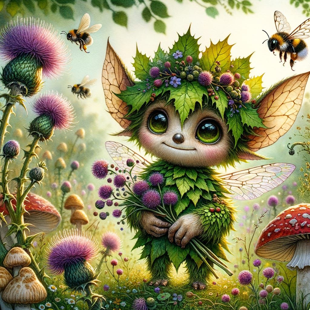 Thistlekin Forest Sprite in Watercolor Style