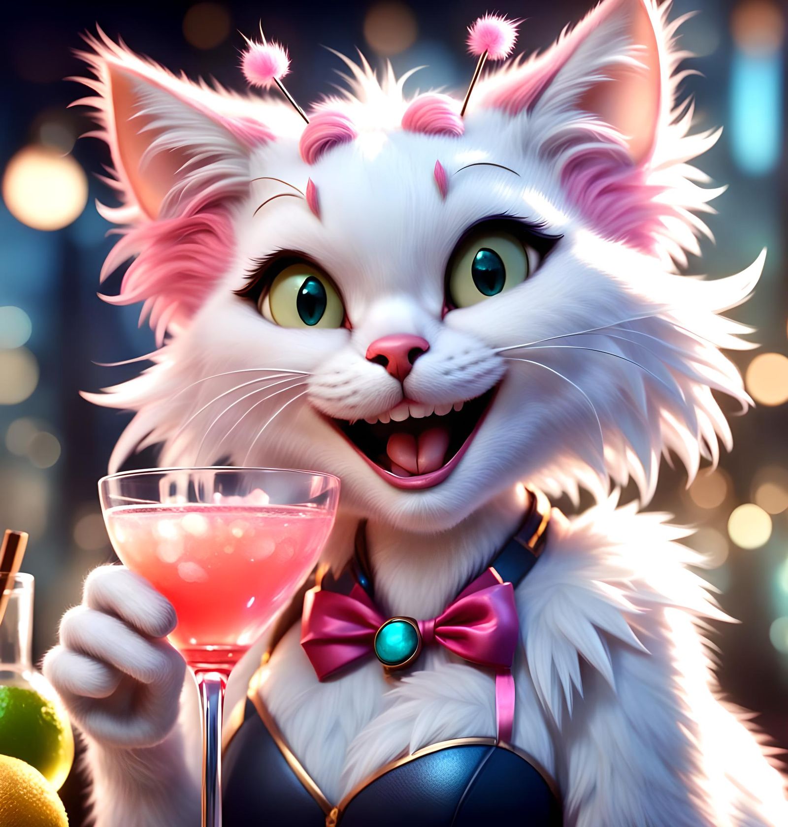 Anthropomorphic Cat Girl Laughing Over Cocktails