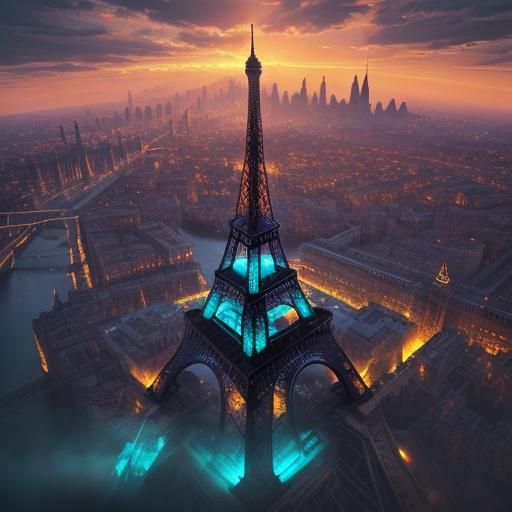 Eiffel Tower in Surrealist Matte Painting at Sunset