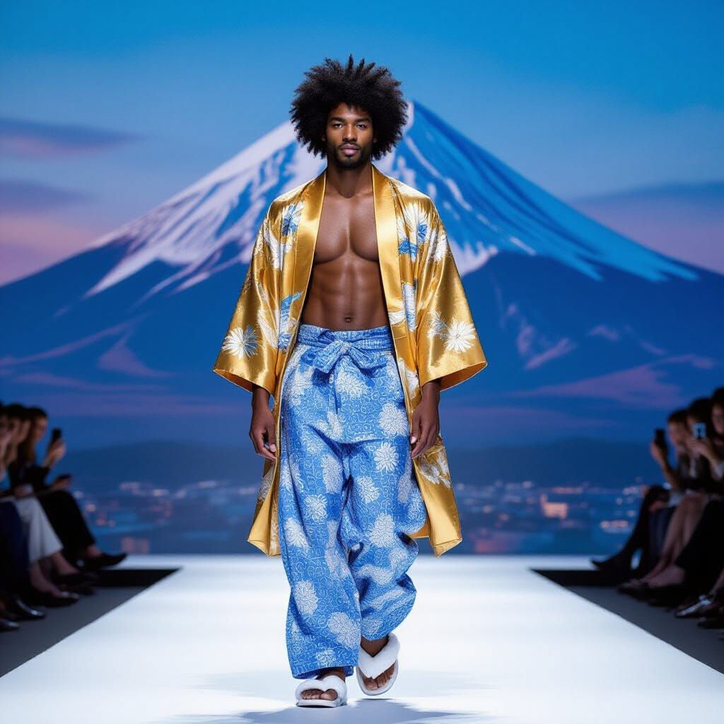 Man in Kimono on Runway, Hyperrealistic Digital Art
