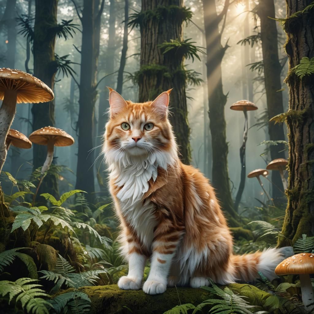 Norwegian Forest Cat in Mystic Forest, Digital Art