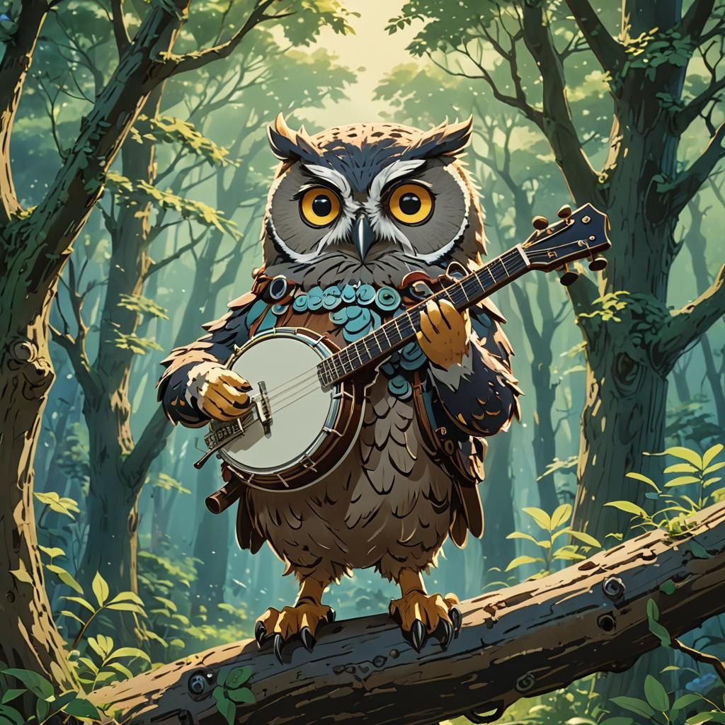 Anime Owl Plays Banjo in Ghibli Style