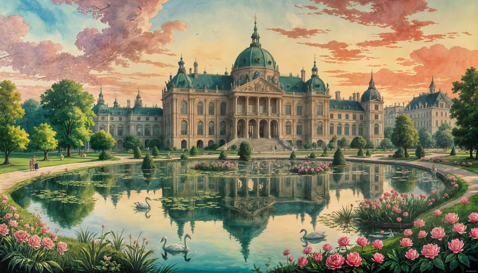 Rococo Palace Gardens at Sunset: Watercolor Painting
