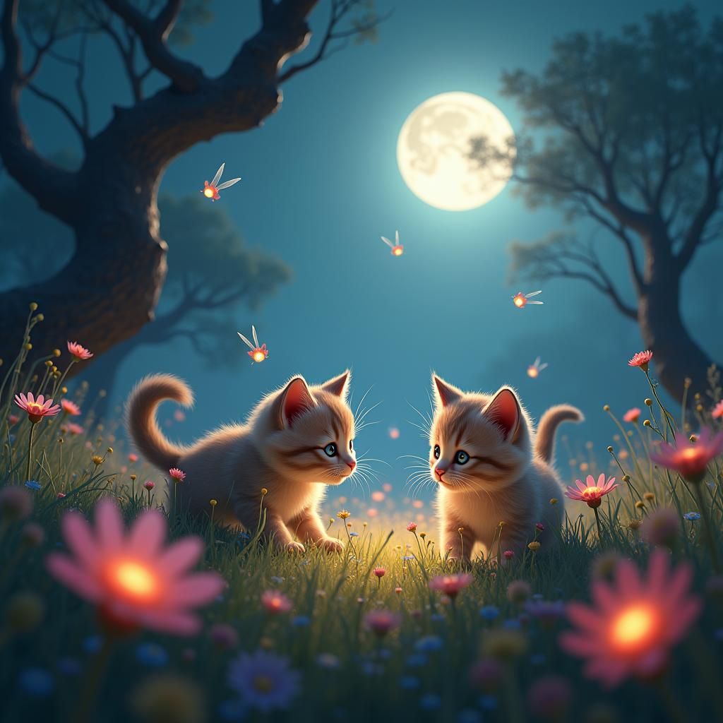 Kittens Playing with Fireflies: Digital Matte Painting