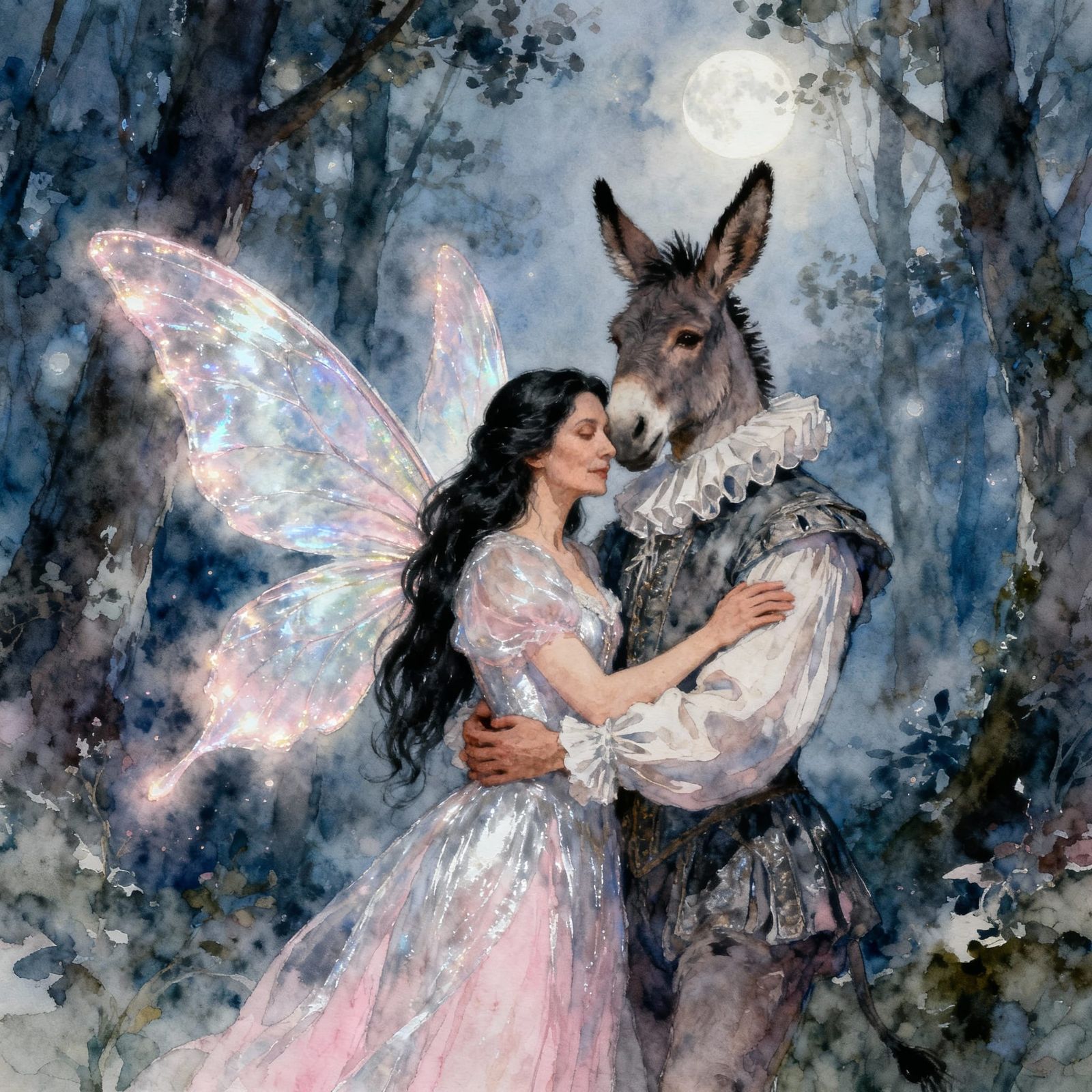 Fairy Embraced by Donkey-Man in Enchanted Forest Moonlight