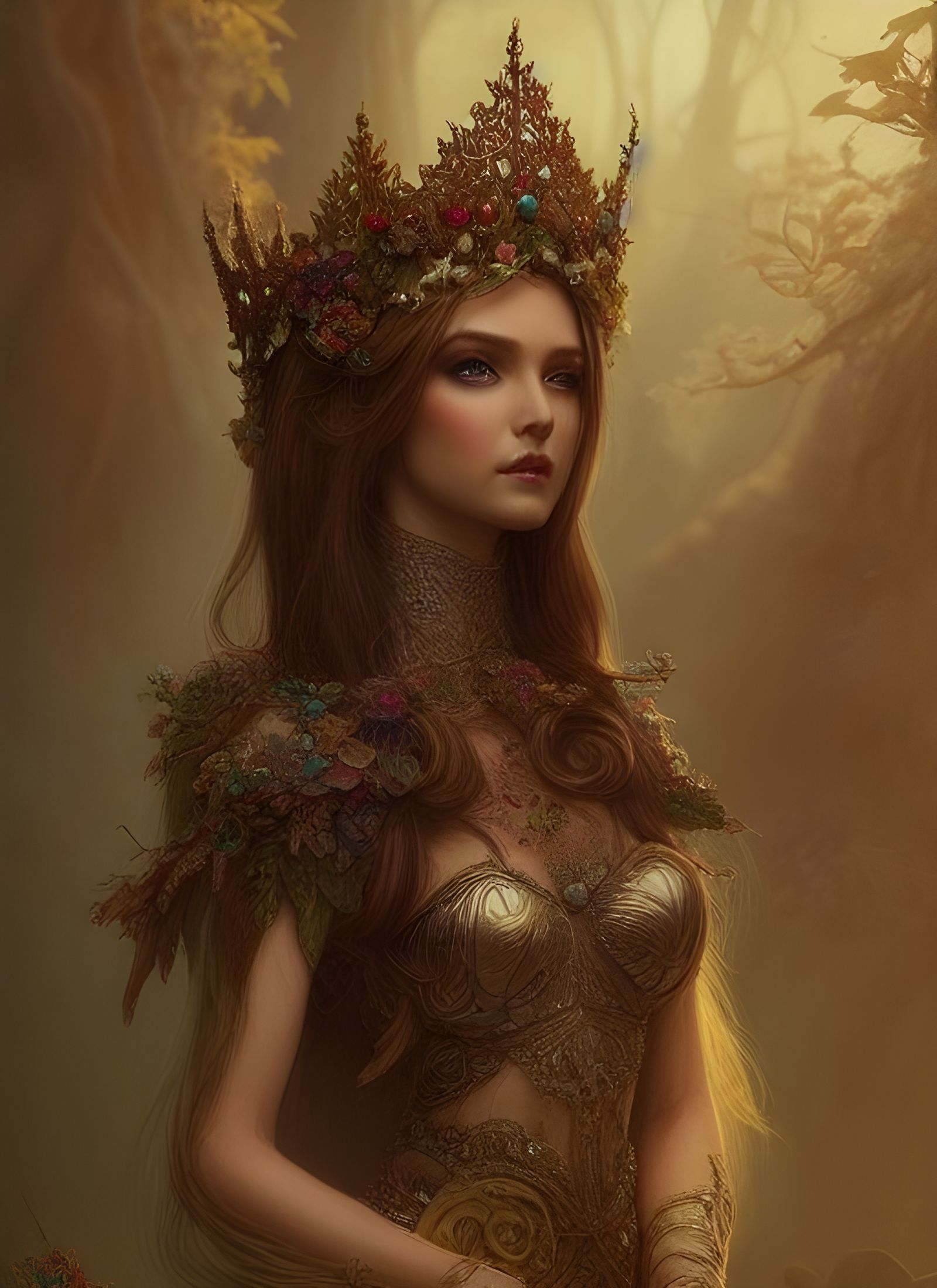 Elf Queen in Mushroom Gown, Digital Illustration