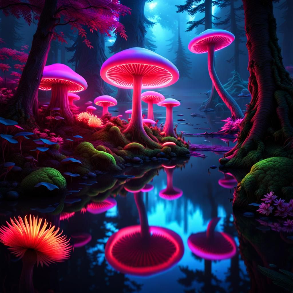 Ethereal Neon Mushroom Forest: Detailed Digital Matte Painti...