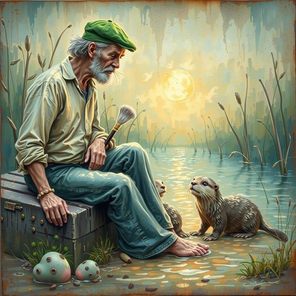 Fisherman Watching Otters in Watercolor Style
