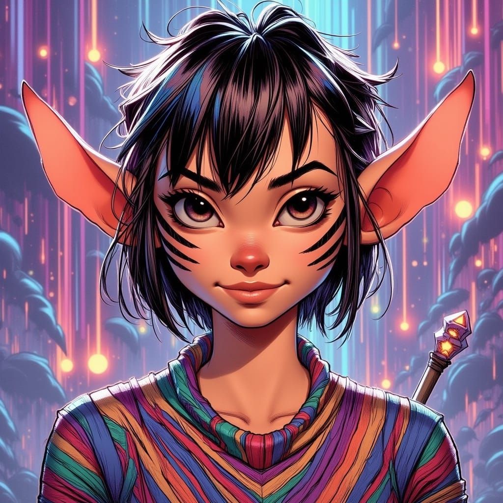 Enchanted Elf with Crystal Wand in Digital Art Style