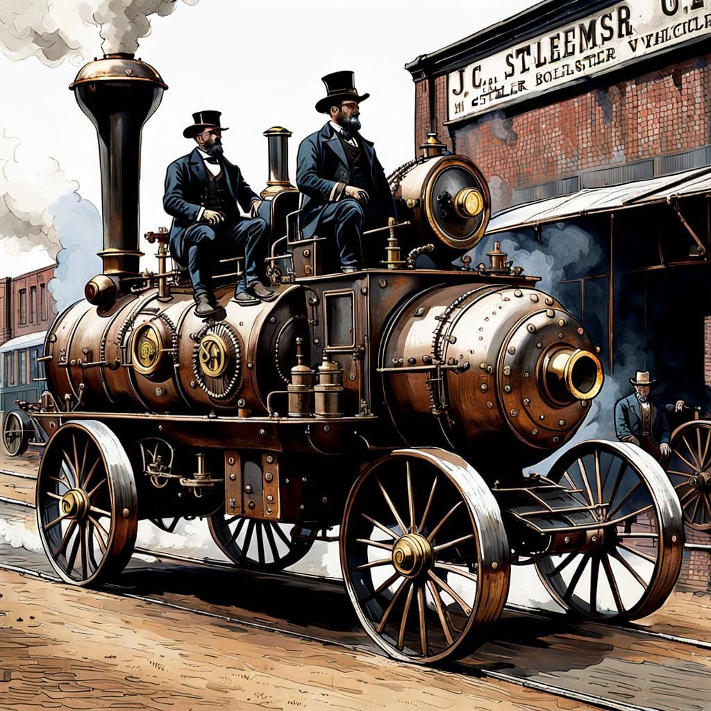 Steampunk Cowboys on Eight-Wheeled Steel Vehicle