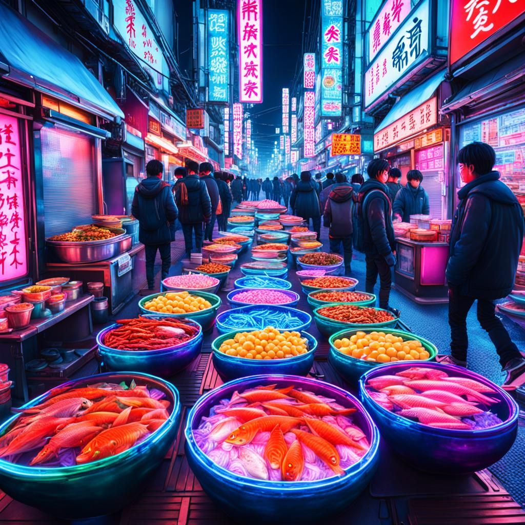 Hyperrealistic Street Vendor in Neon Japanese City