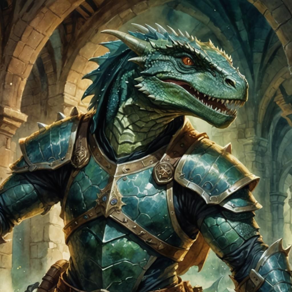 Lizardfolk Knight with Magic Sword: Watercolor Masterpiece