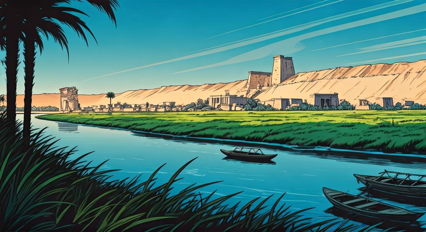 Fertile Nile River Valley in Graphic Novel Style