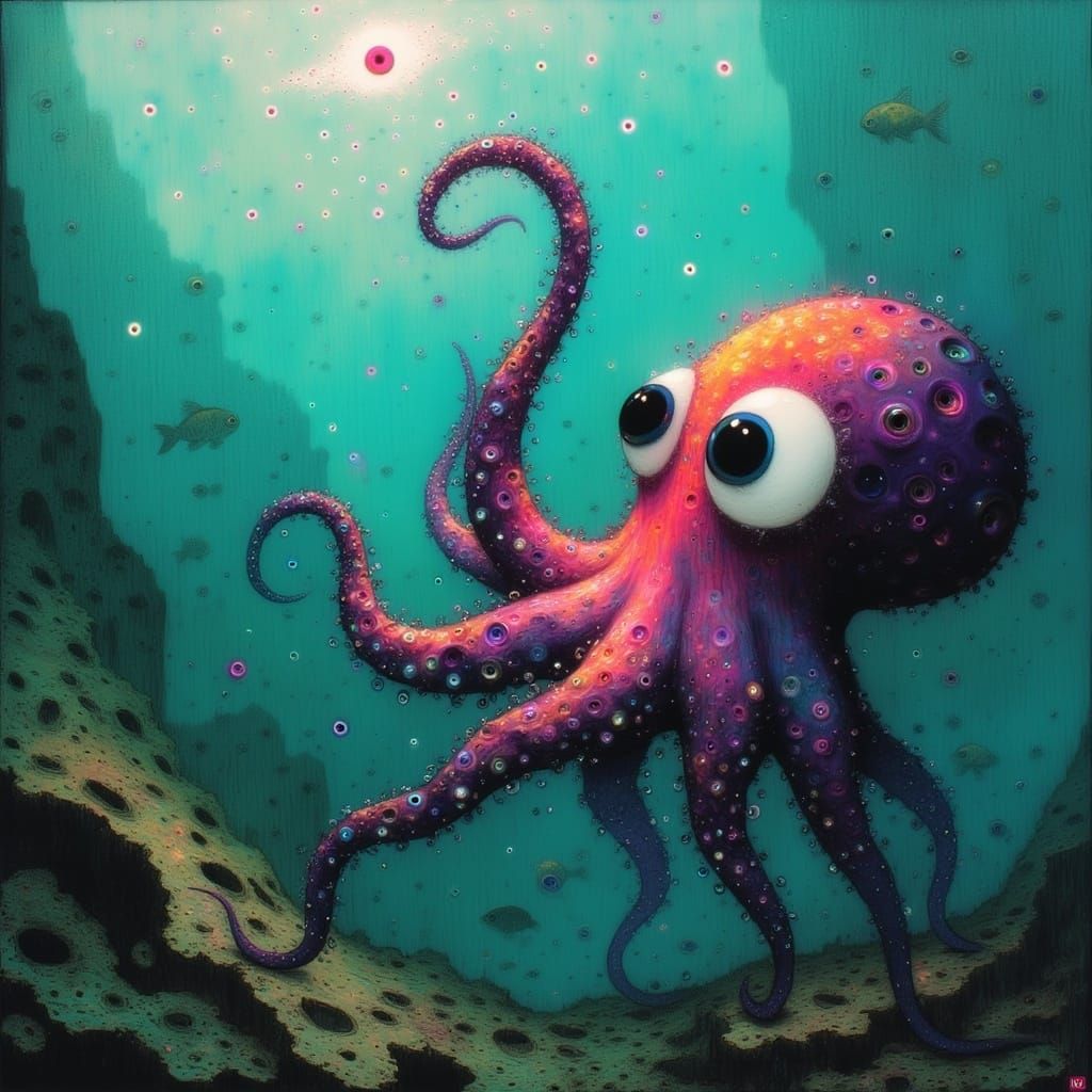 Whimsical Underwater Scene of Iridescent Octopus Reaching fo...