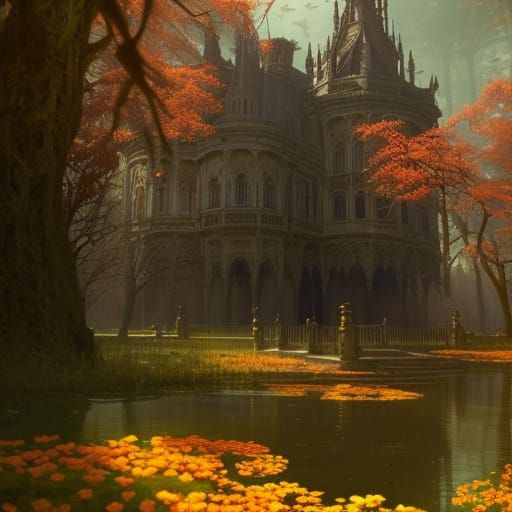 Gothic Palace with Crimson Flowers in Sunlight