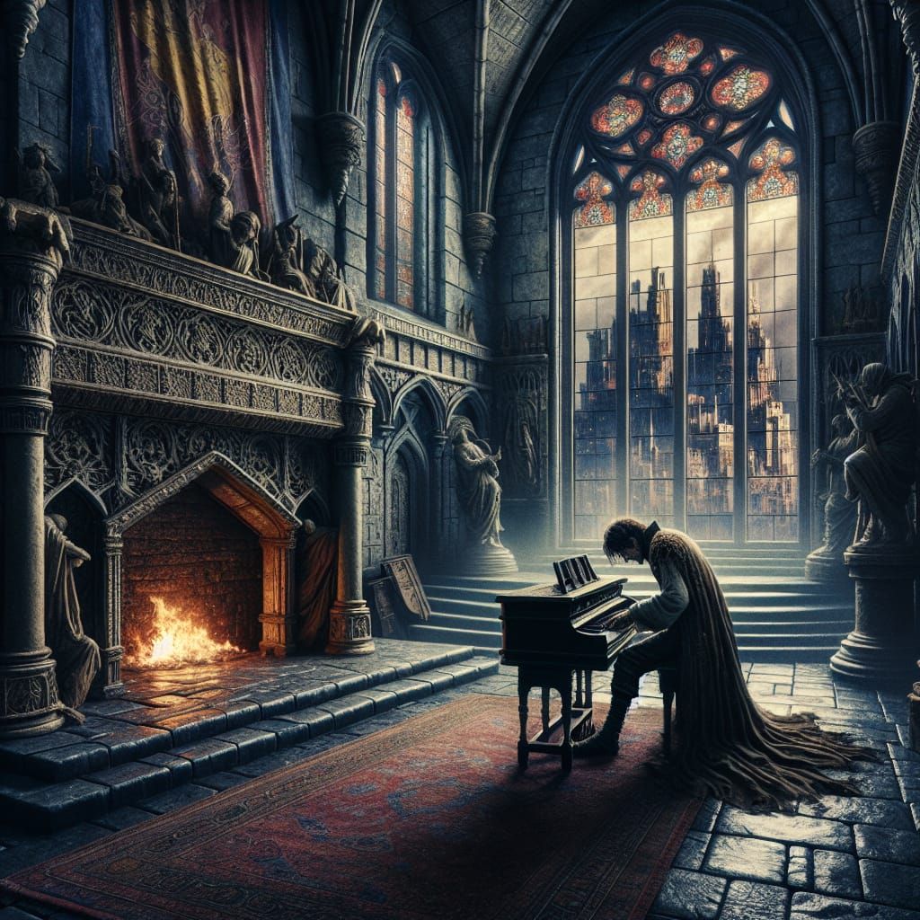 Melancholy Musician Plays Piano in Burning Metropolis