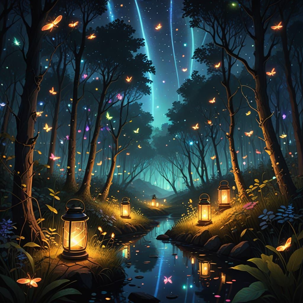 Whispers of Vibrant Night in a Mystical Forest