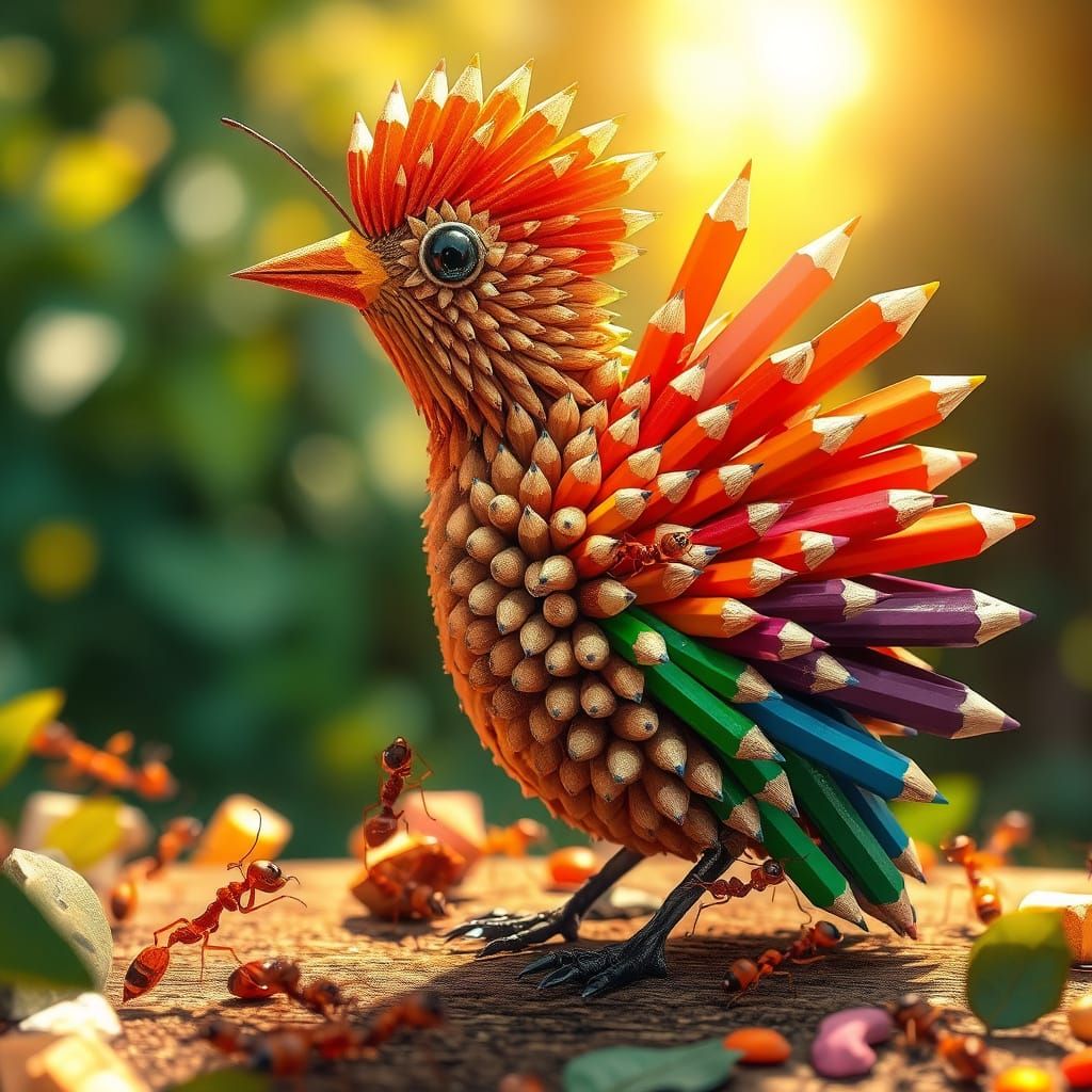 Carpenter Ants Build Bird From Colorful Pencils in Storybook...